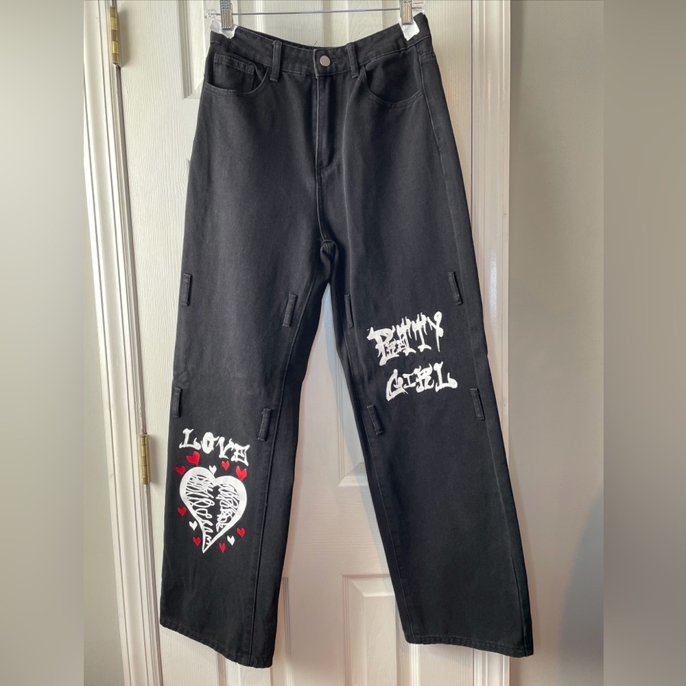 Shein Jeans S/US 4 Black High Waist Wide Leg Denim‎ Pants Grunge Goth Baggy Y2K